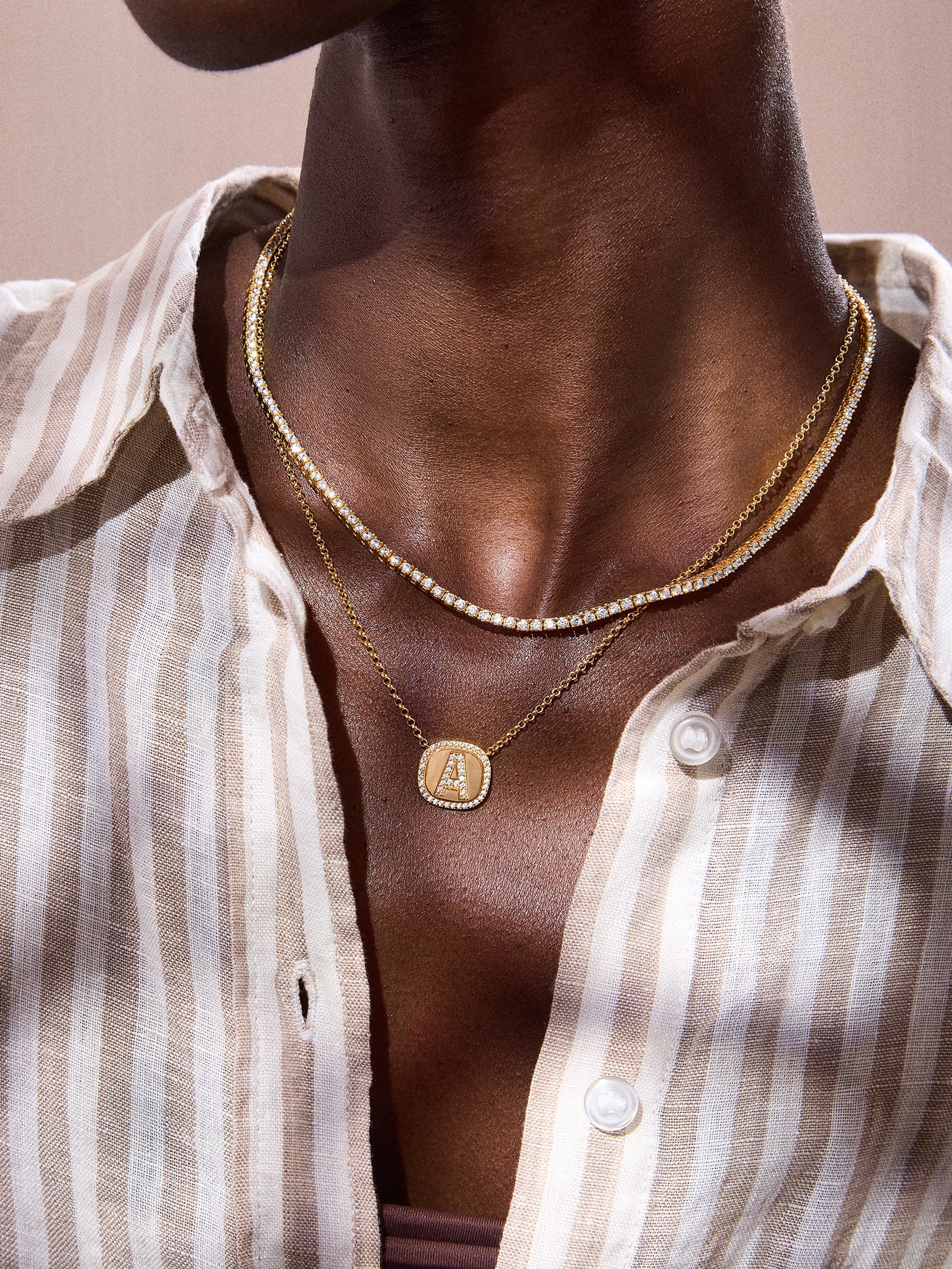 18K Gold Initial Pendant Necklace - Gold/Pavé