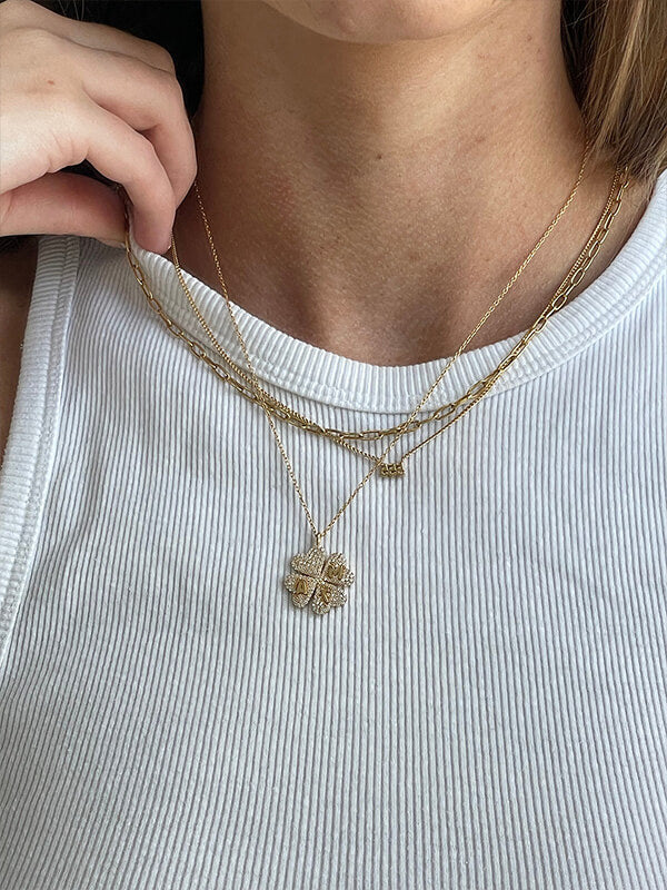 Clover 18K Gold Custom Pendant Necklace - 18K Gold. Pavé Cubic Zirconia Stones