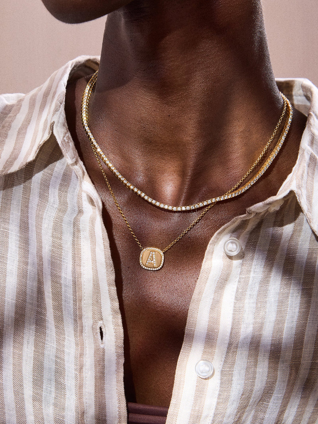 18K Gold Initial Pendant Necklace - Gold/Pavé