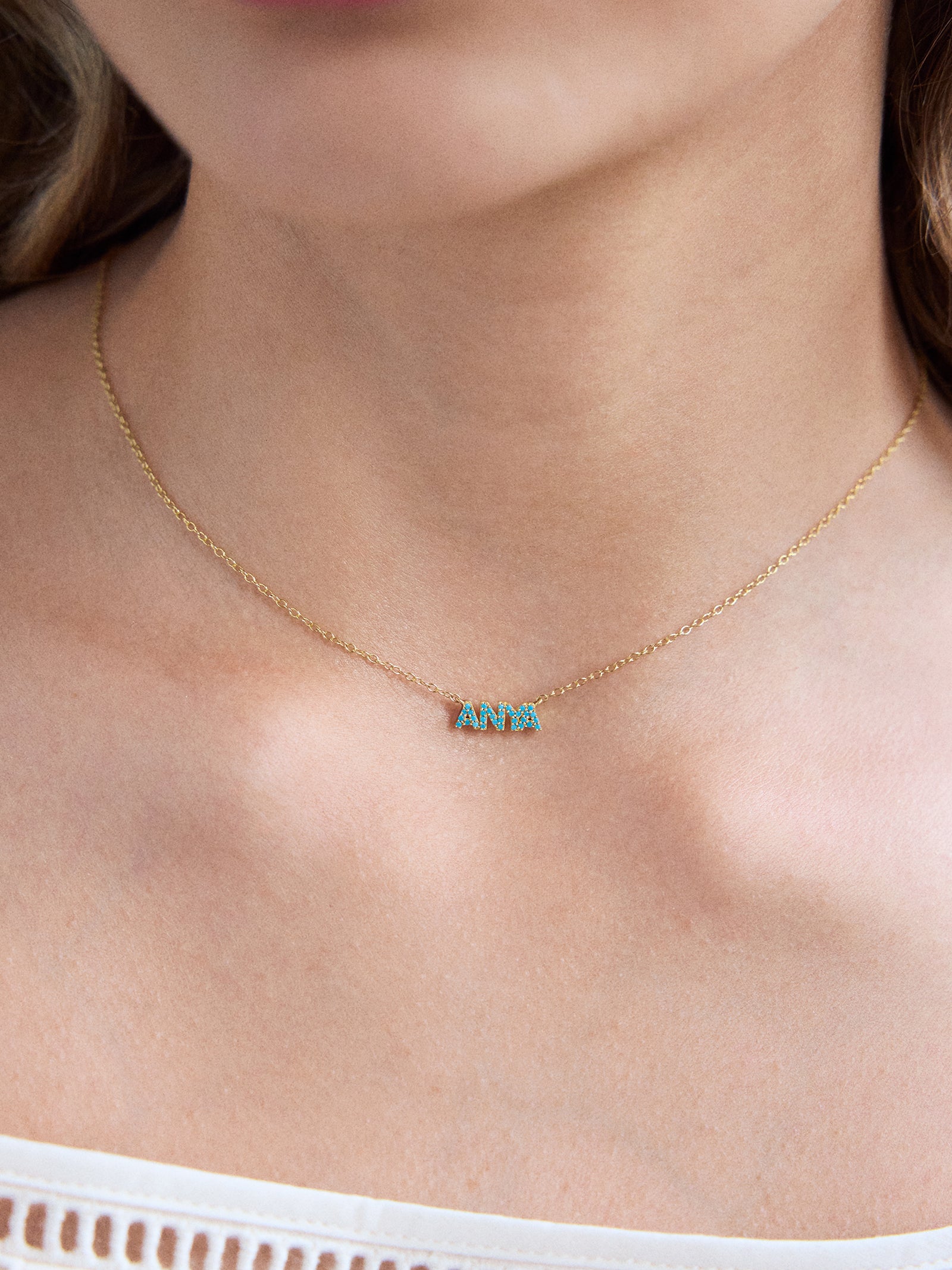 18K Gold Semi-Precious Custom Nameplate Necklace - Turquoise