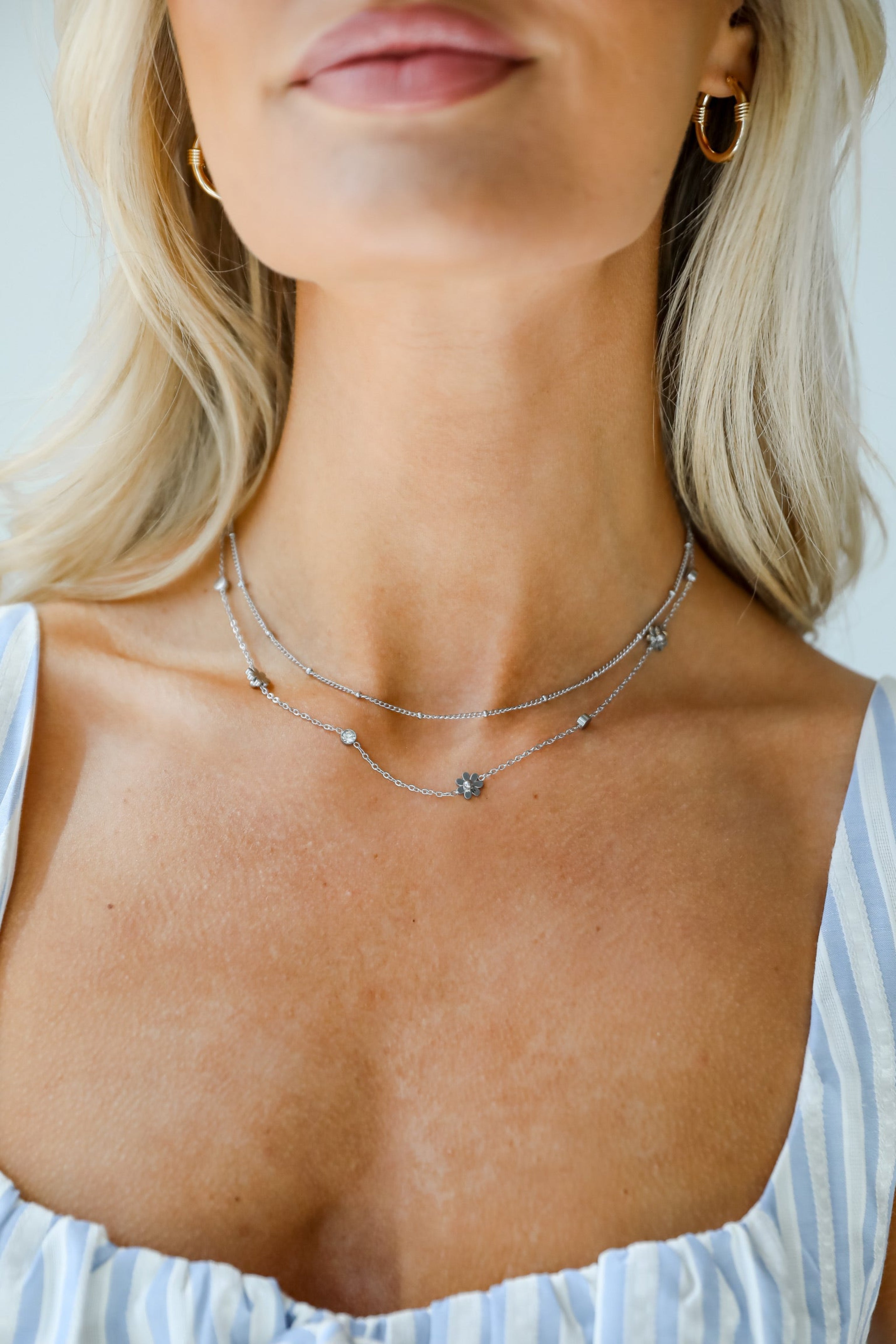 Lindsay Silver Flower Charm Layered Necklace