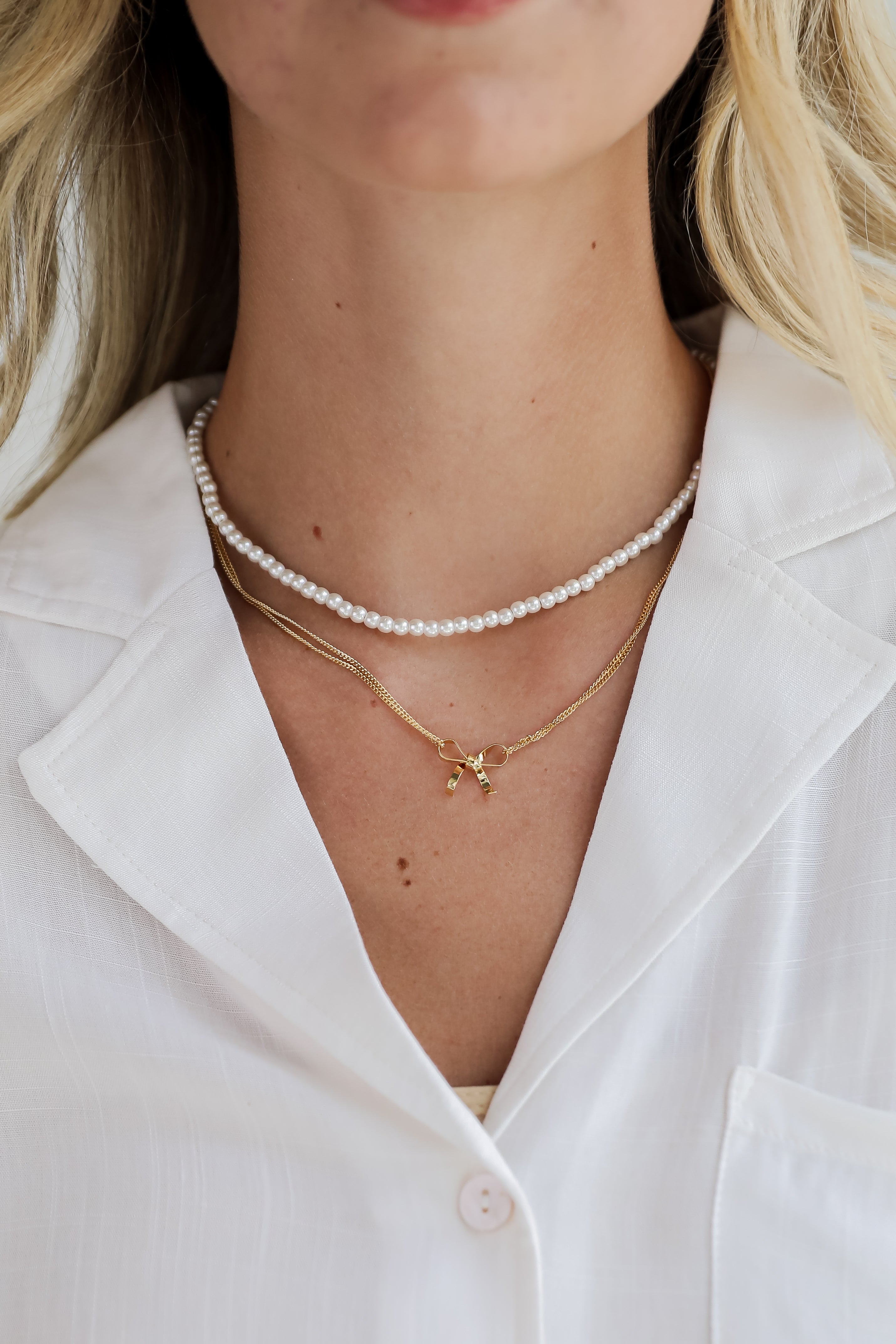 FINAL SALE - Allison Gold Pearl Bow Charm Layered Necklace