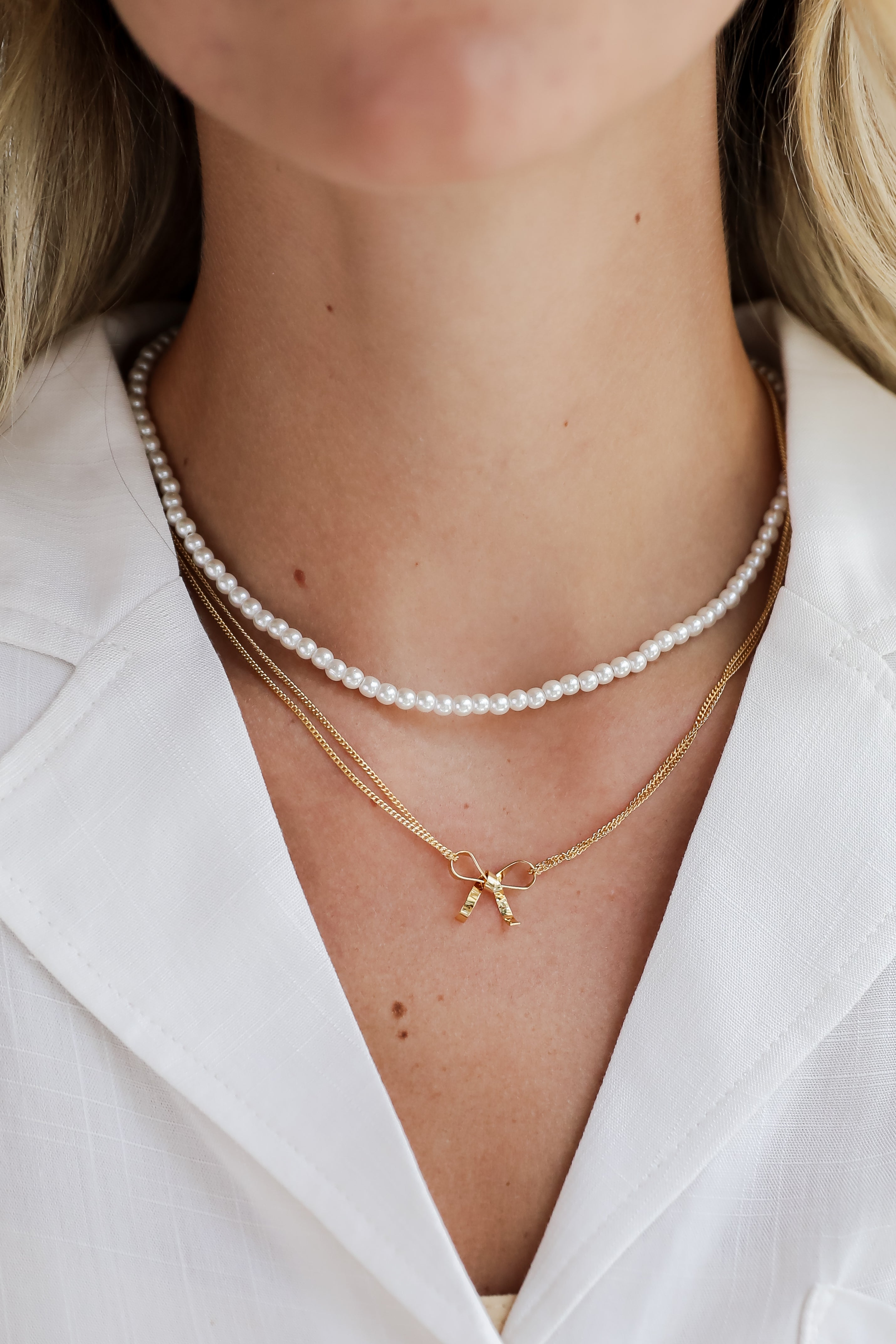 FINAL SALE - Allison Gold Pearl Bow Charm Layered Necklace