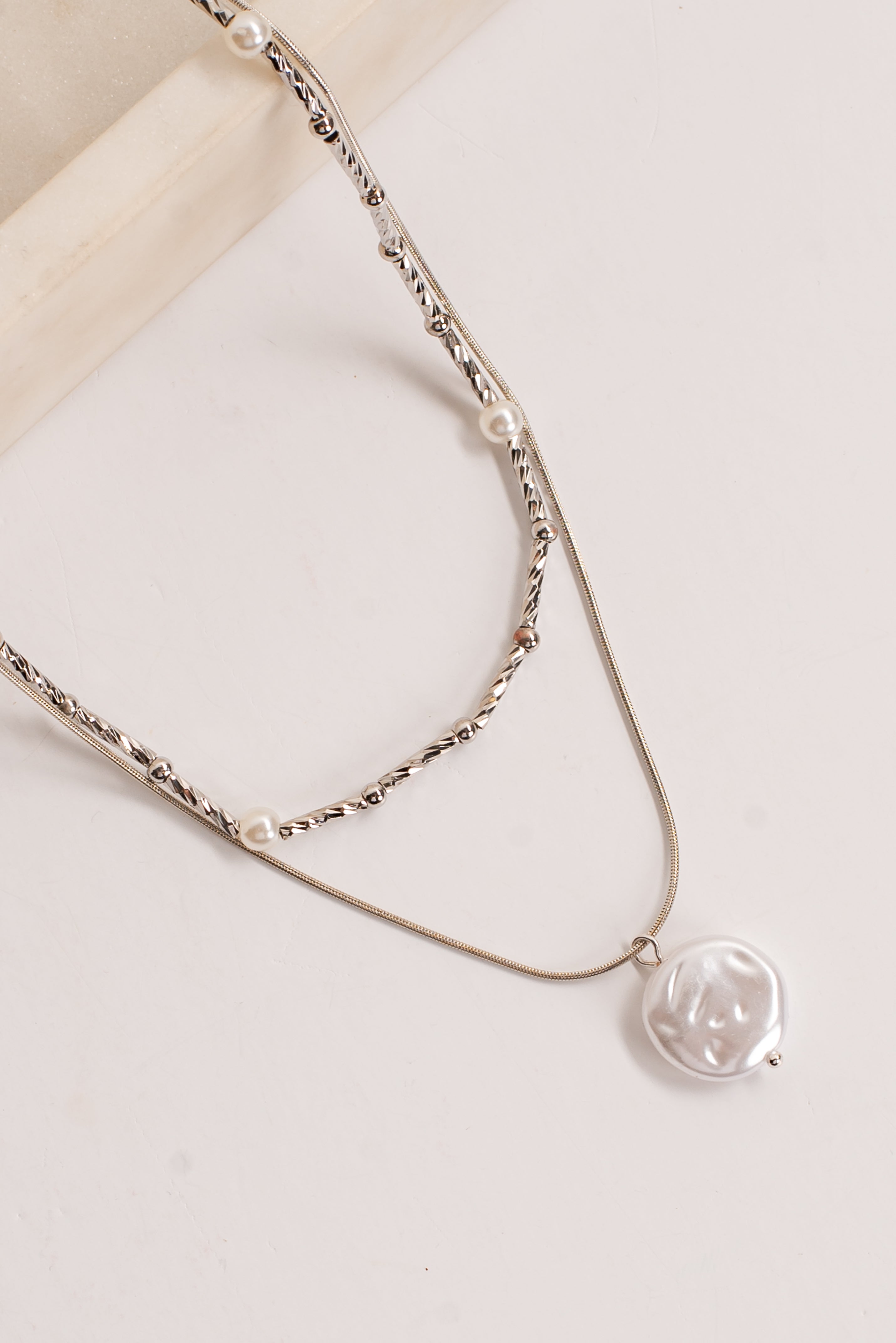 Sofia Silver Pearl Charm Layered Necklace