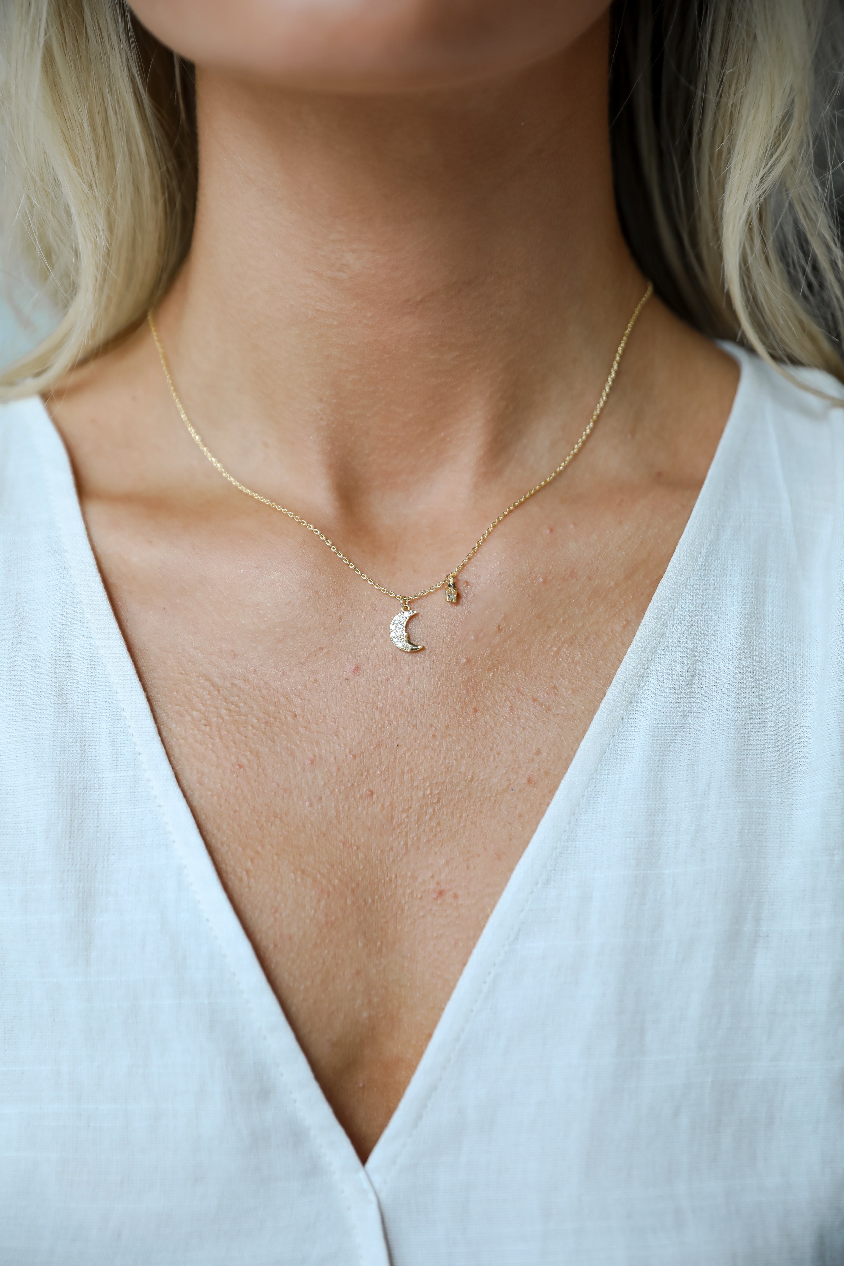FINAL SALE - Emilee Gold Rhinestone Crescent Moon Charm Necklace
