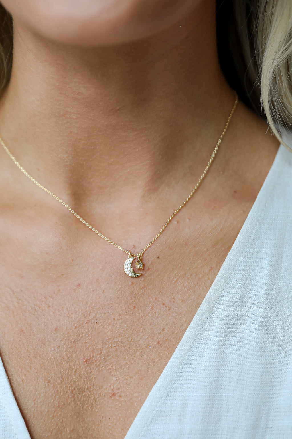 FINAL SALE - Emilee Gold Rhinestone Crescent Moon Charm Necklace